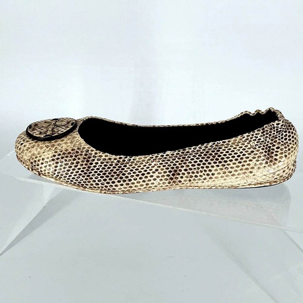 Tory Burch Size 7.5 Minnie Travel Ballet Flats‎ Snake Embossed Leather